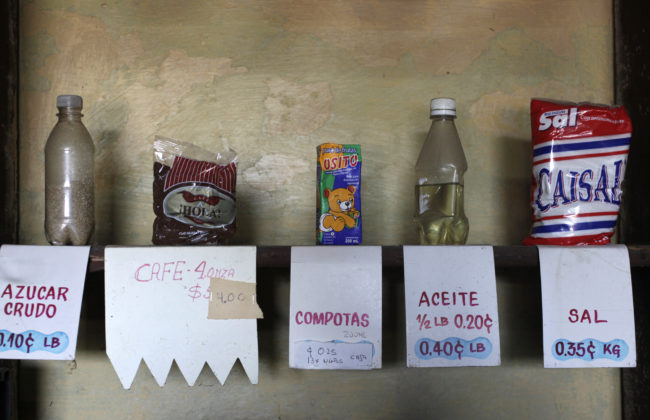 Sugar, coffee, fruit juice for babies, oil and salt inside a market subsidized by the government in Havana on July 11, 2013. Enrique De La Osa/Reuters/Landov