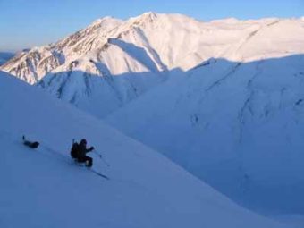 Michael Hopper says his dog, Rowdy, almost always accompanied him when he went backcountry skiing – like this 2010 outing in the Eastern Alaska Range near Black Rapids. (Image courtesy Mike Hopper)