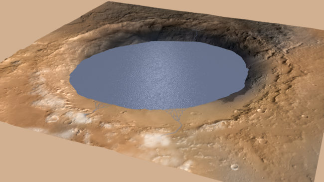 A simulated image shows a lake in the large Gale Crater on Mars, with streams of water flowing into it. NASA researchers believe a lake deposited enough sediment in the crater to form a mountain, Mount Sharp. NASA