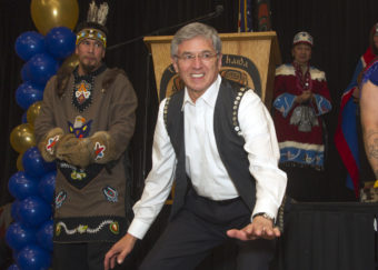 Lt. Gov. Byron Mallott dances with the Mount St. Elias Dancers of Yakutat at the Elizabeth Peratrovich Hall inauguration night. (Photo by Brian Wallace/Sealaska Heritage Institute)