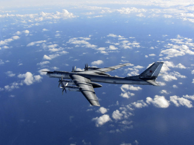 A photo taken in October and provided by Britain's Royal Air Force shows a Russian "Bear" bomber similar to the one that grazed U.K. airspace on Wednesday. Robyn Stewart/AP