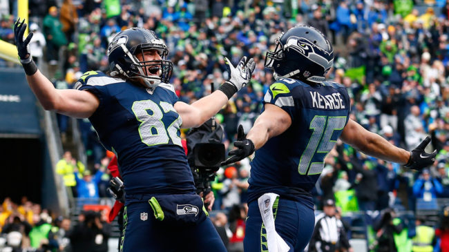  Luke Willson (#82) of the Seattle Seahawks celebrates after scoring on a two-point conversion during the fourth quarter of the 2015 NFC Championship game against the Green Bay Packers on Sunday. Seattle won 28-22. Tom Pennington/Getty Images
