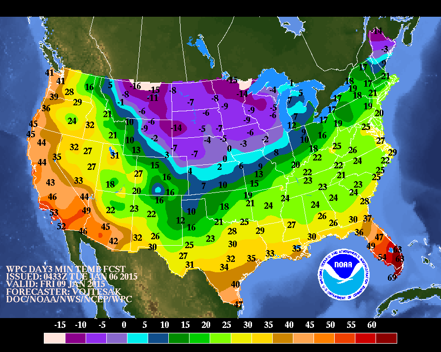 A map showing low temperatures across the U.S. National Weather Service