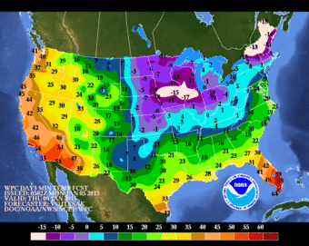 A map showing the forecast low temperatures. National Weather Service