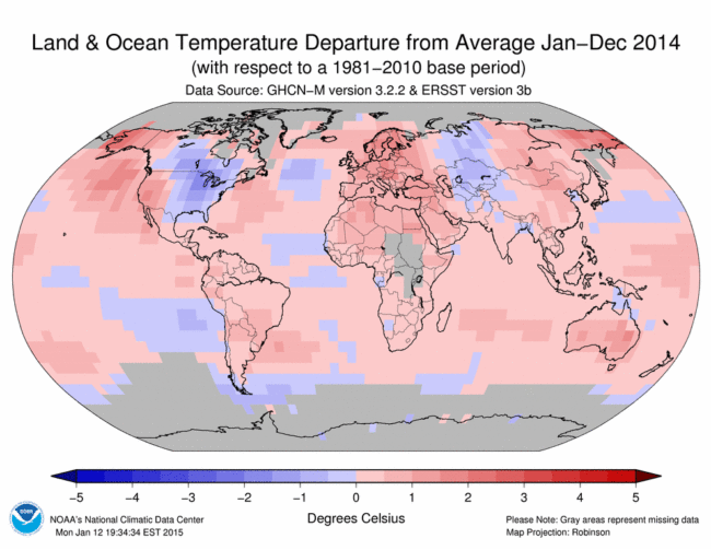 January–December 2014 blended land and sea surface temperature anomalies in degrees Celsius. NOAA