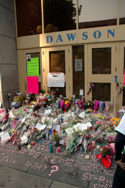 A memorial to the victims of the 2006 shooting at Dawson College, Montreal. One person was killed and 18 wounded in Canada’s third school shooting. (Creative Commons Photo by Doug)