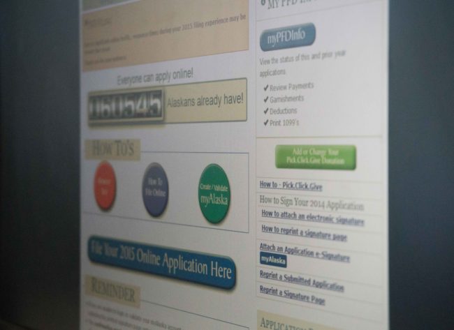 The Permanent Fund Dividend website prominently features the Pick. Click. Give. program. (Photo by Jeremy Hsieh/KTOO)