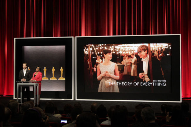 Chris Pine and Cheryl Boone Isaacs announce the film The Theory of Everything during the Best Picture category at the Oscar Nominations announcement on Jan. 15 in Beverly Hills, Calif. Francis Specker/Landov