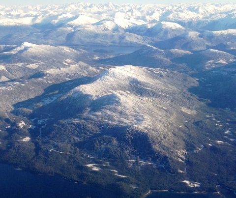 The remains of a Tongass clear-cut and logging road north of Ketchikan, pictured here in 2014, are visible from the air.