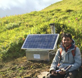 Researcher Abhijit Ghosh with one of his seismometers last summer. (Courtesy: University of California Riverside)