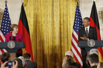 President Obama and German Chancellor Angela Merkel hold a joint news conference at the White House on Monday. Kevin Lamarque /Reuters /Landov