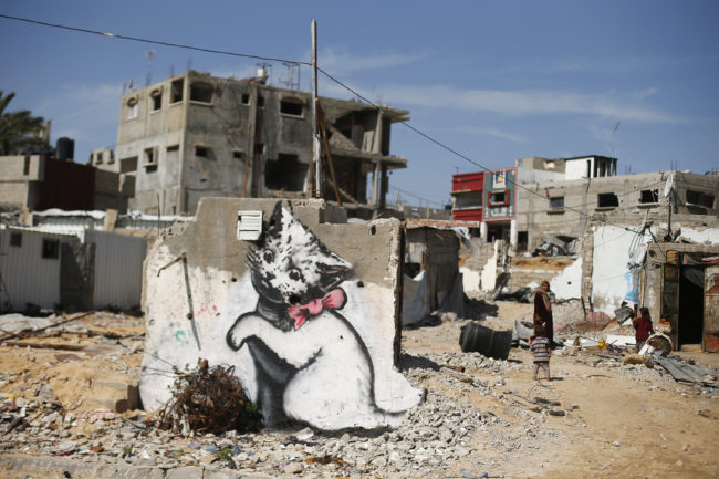 A mural is seen on the remains of a house that witnesses said was destroyed by Israeli shelling during a 50-day war last summer in Beit Hanoun in the northern Gaza Strip.