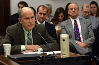 Gov. Bill Walker made a surprise visit to the House Resources Committee on Feb. 11, 2015. He was addressing litigation he had filed before becoming governor about oil and gas development in Point Thomson. (Photo by Skip Gray/360 North)