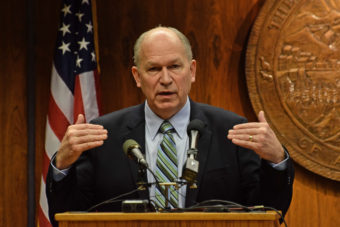 Gov. Bill Walker addresses reporters at a press conference he called to discuss cuts to his version of the state budget, Feb. 5, 2015. (Photo by Skip Gray/360 North)