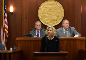 Chief Justice Dana Fabe of the Alaska Supreme Court gives the State of the Judiciary Address to a joint session of the 29th Alaska Legislature, Feb. 11, 2015. (Photo by Skip Gray/360 North)