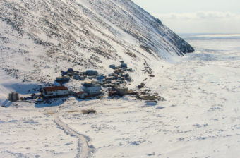 Little Diomede in April 2008. Photo: Susanne Thomas, Bering Strait School District. Used with permission.