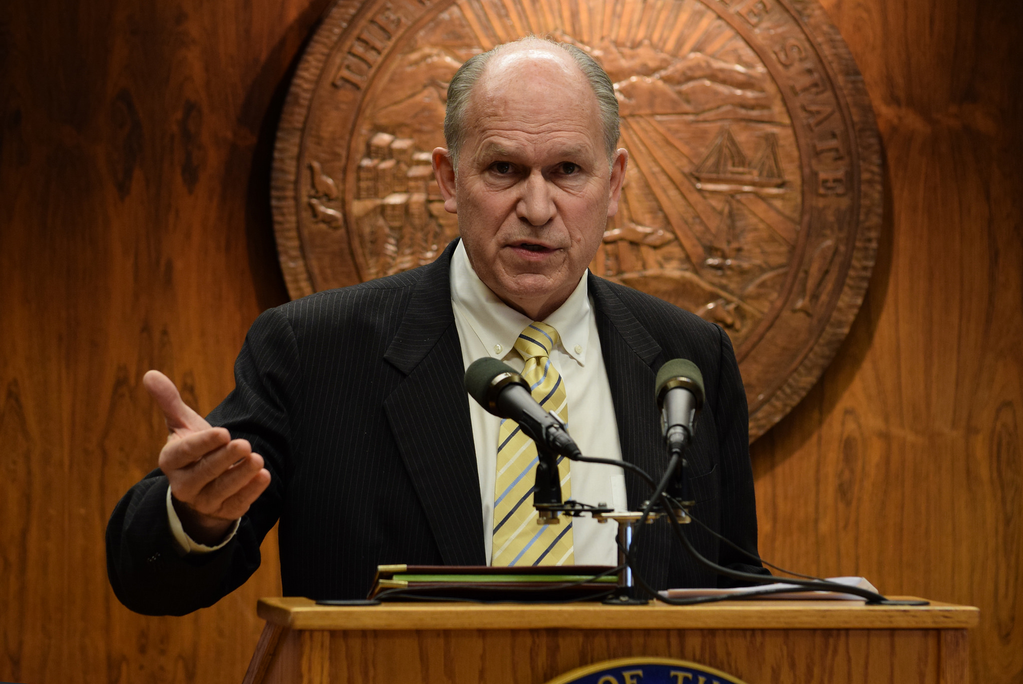 Gov. Bill Walker talks about his proposed budget at a press conference Feb. 5, 2015. (Photo by Skip Gray/360 North)
