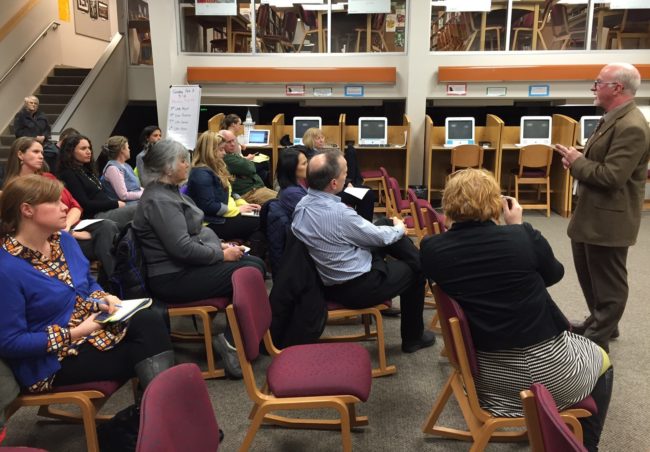 About 20 people attended the school district's public forum on the budget, but only one person testified. (Photo by Lisa Phu/KTOO)