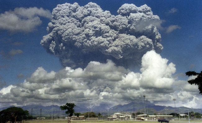 The eruption of Mount Pinatubo in the Philippines in 1991 spewed almost 20 million tons of sulfur dioxide into the atmosphere, causing worldwide temperatures to drop half a degree on average. Arlan Naeg/AFP/Getty Images