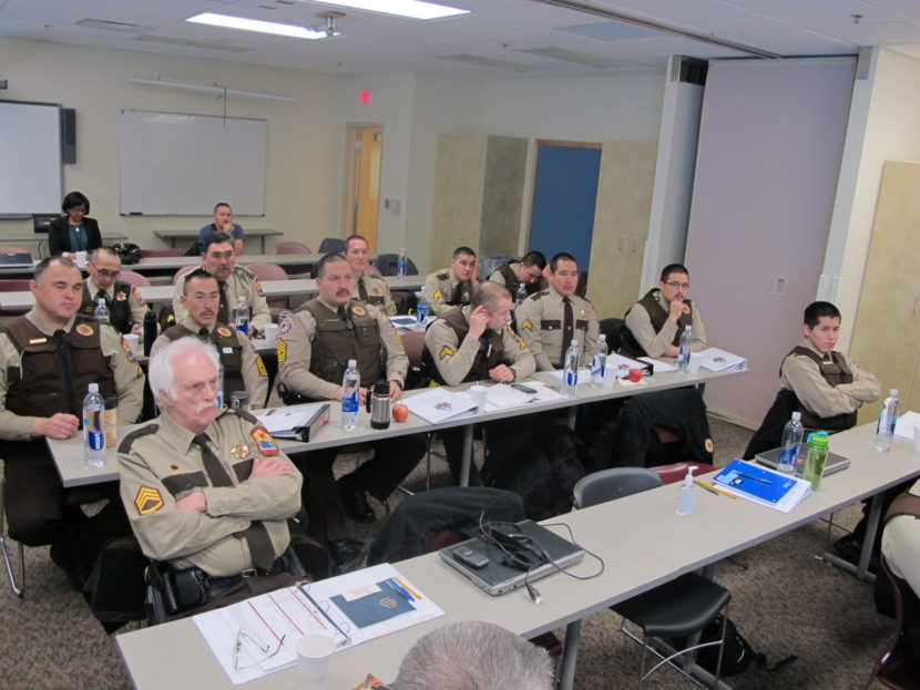 YK Delta VPSOs spoke with DPS officials about the process of arming VPSOs during training in Bethel. (Photo by Ben Matheson / KYUK)