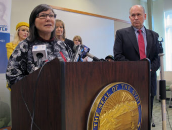Health Commissioner Valerie Davidson and Alaska Governor Bill Walker announce the state’s plan for Medicaid expansion and reform. (Photo by Annie Feidt, APRN – Anchorage)