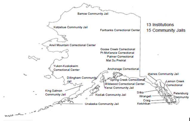 A map of current community jails and DOC corrections facilities.