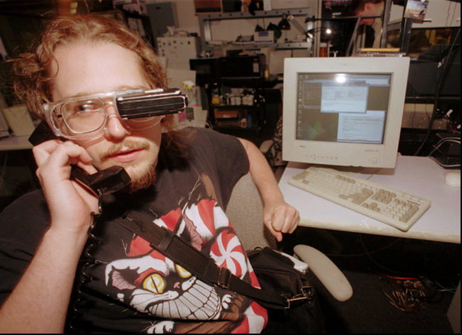 As a student at the Massachusetts Institute of Technology in 1997, Thad Starner developed -- and wore, pretty much everywhere — a computer with a screen attached to goggles. (Gail Oskin/AP)