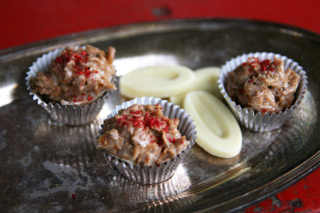 For Valentine's Day, Helen Jo, the pastry chef at Little Bird Bistro in Portland, Ore., mixes white chocolate with crunchy cereal, spicy pepper and a pinch of salt to make a French bonbon called <em>rocher</em>. (Deena Prichep for NPR)
