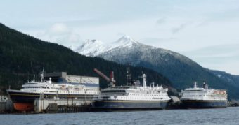 Three ferries tie up at the Ketchikan Shipyard in the winter of 2012.