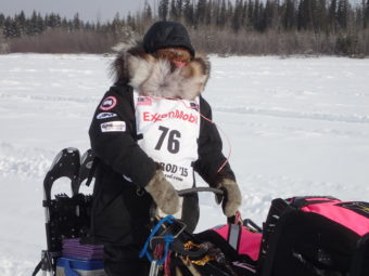 Iditarod mushers like Heidi Sutter attempt to avoid the cold by wearing many pounds of clothing. (Photo by Ned Rozell/UAF Geophysical Institute)