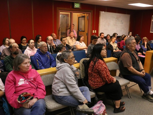 A capacity crowd, largely opposed to local liquor sales, spoke for nearly four hours before the council. (Photo by Dean Swope / KYUK)