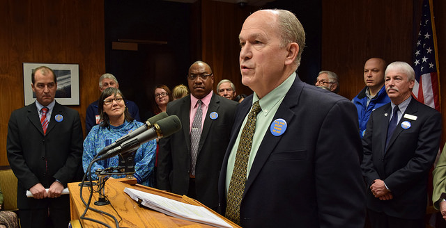 At a press conference in the Capitol, March 17, 2015, Gov. Bill Walker, I-Alaska, announces the introduction of a bill that would overhaul and expand Medicaid. (Photo by Skip Gray/360 North)