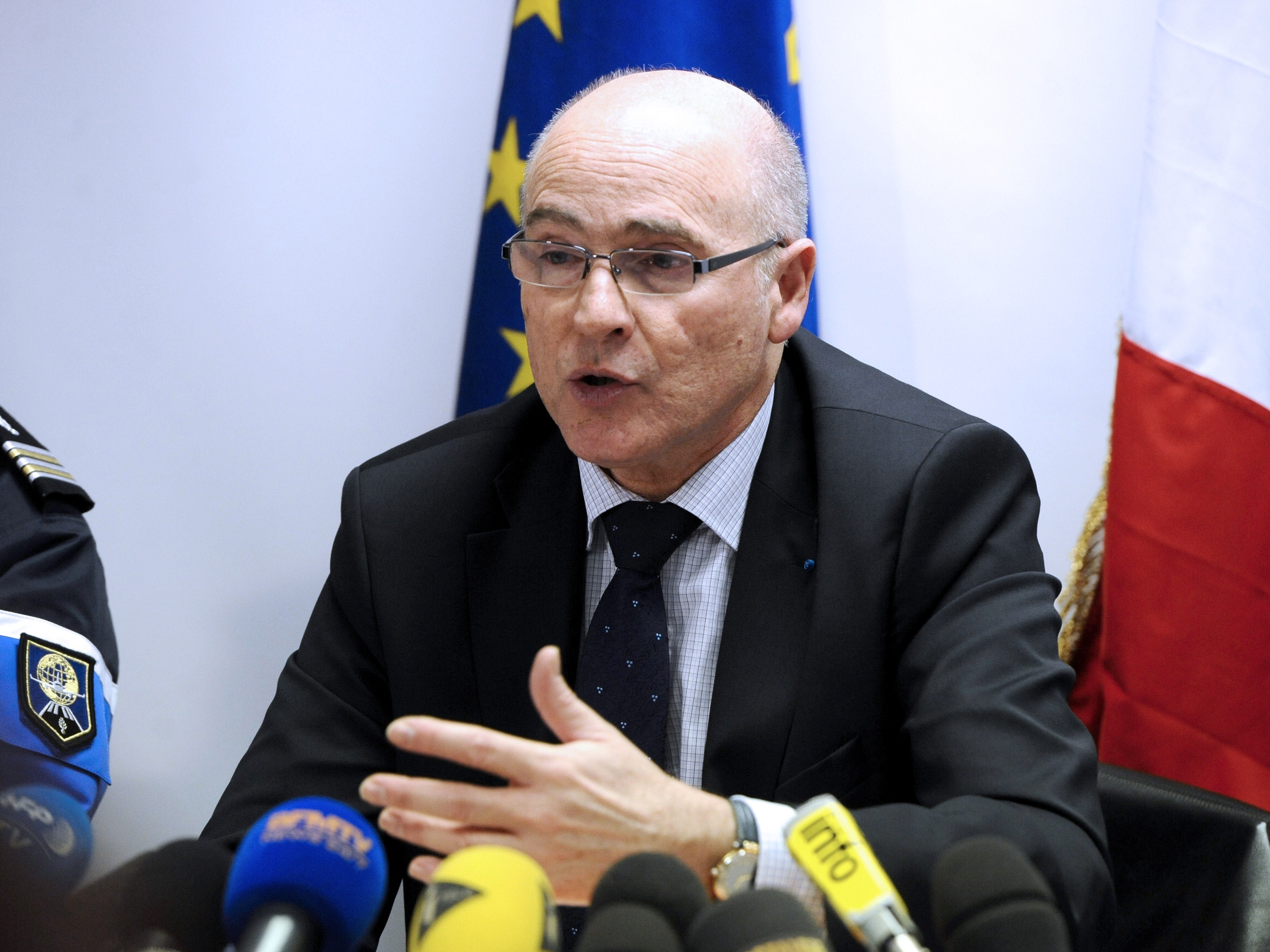 Marseille prosecutor Brice Robin speaks at a news conference Thursday at Marignane airport near Marseille, France. Robin said there is no evidence the Germanwings co-pilot's actions were "a terrorist act." Franck Pennant/AFP/Getty Images