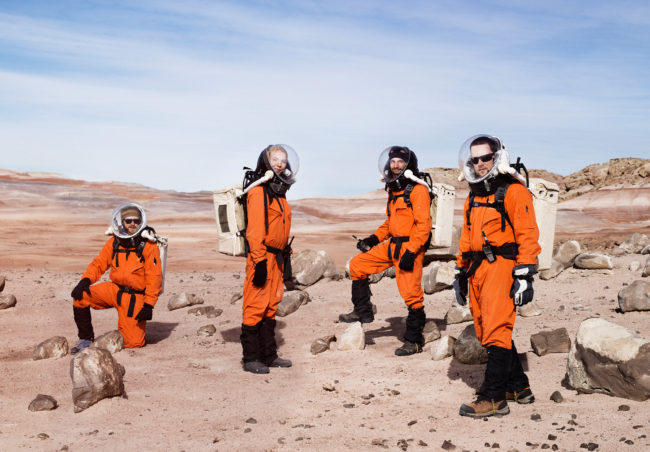 Mars, anyone? Six researchers from the Mars Society sport their best space duds during this 2014 simulation of the conditions that explorers of the Red Planet might face. (From left) Ian Silversides, Anastasiya Stepanova, Alexandre Mangeot and Claude-Michel Laroche. Micke Sebastien/Paris Match via Getty Images