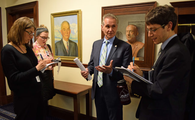 Senate president Kevin Meyer, R-Anchorage, speaks with reporters April 19, 2015, in Alaska’s Capitol shortly before both the Senate and the House of Representatives adjourned until the following day, extending the legislative session beyond the statutory 90-day limit. (Photo by Skip Gray/360 North)