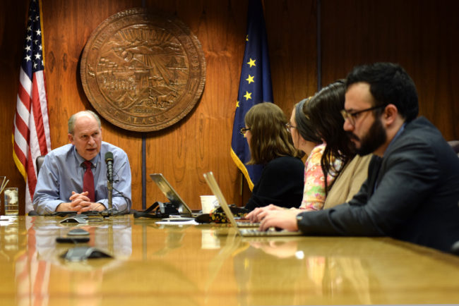 Gov. Bill Walker speaks with reporters in Alaska’s Capitol on the 90th day of the 29th Alaska Legislature's first session, April 19, 2015. The House of Representatives had just extended the legislative session beyond the statutory limit. (Photo by Skip Gray/360 North) 
