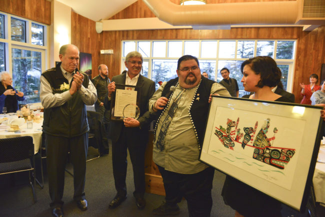 Gov. Bill Walker, Lt. Gov. Byron Mallott, and Tlngit Haida Central Council Richard Peterson at a council function, April 17, 2015. Mallott received a lifetime achievement award.   (Creative Commons photo courtesy Alaska Governor's Office)