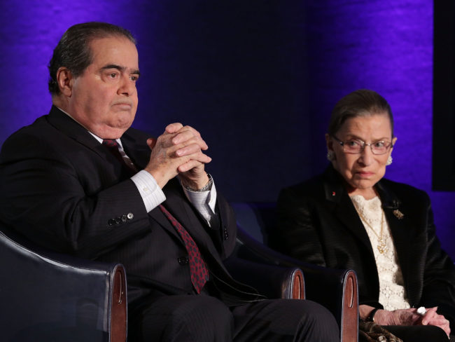 Conservative Justice Antonin Scalia and his longtime liberal dueling partner, Justice Ruth Bader Ginsburg, in 2014. (Photo by Alex Wong/Getty Images)