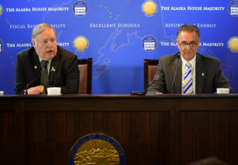 House Speaker Mike Chenault, R-Nikiski (left), and Senate President Kevin Meyer, R-Anchorage, participate in a press conference related to passage of House Bill 132. March 31, 2015. The bill, introduced on March 2nd by Chenault and other House Majority leaders, limits the Alaska Gasline Development Corporation's powers on the Alaska Stand Alone Pipeline. It was strongly criticized at the time by Gov. Bill walker, who was adamant it would weaken the state's position in pipeline negotiations. (Photo by Skip Gray/360 North)