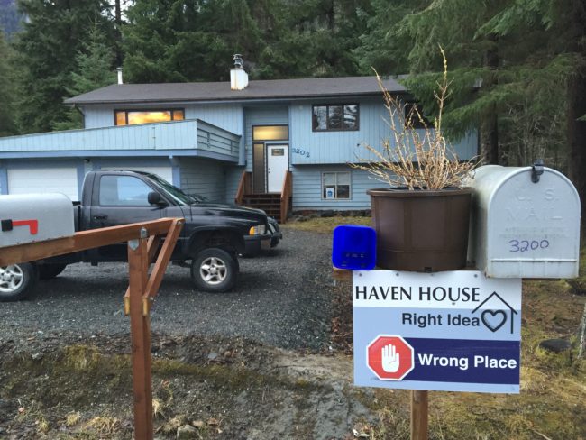 Signs protesting Haven House's location can be seen all over the Malissa Drive area, even in front of Haven House. (Photo by Lisa Phu/KTOO)