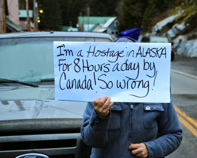 Residents of Hyder, Alaska, and Stewart, British Columbia, protest the nightime closure of the border between the two towns. (Courtesy  Sylvia Alderton/The Terrace Standard)