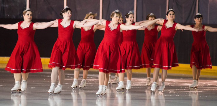 The Juneau Skating Club’s adult synchro team performs Diamonds are a Girl’s Best Friend during the Juneau Skating Club spring recital. (Photo by Steve Quinn)