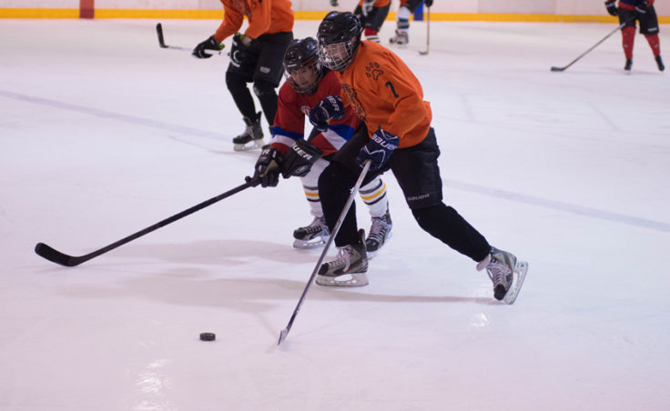 Tigers Adam Bryan moves the puck up ice against Amalga Harbor’s Lance Twitchell in playoff action during a Juneau Adult Hockey Association contest. (Photo by Steve Quinn)