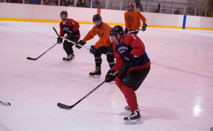 Amalga Harbor’s Tom Carella gets set to take a shot against the Tigers in playoff action during a Juneau Adult Hockey Association contest. (Photo by Steve Quinn)