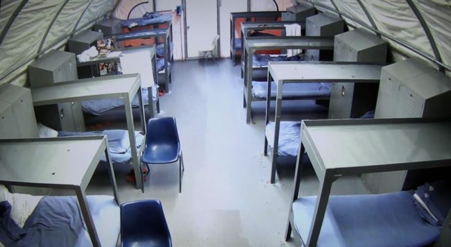 A view inside the tent at Lemon Creek Correctional Center as seen from a security monitoring screen. (Photo by Lisa Phu/KTOO)