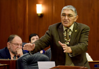 Rep. Benjamin Nageak, D-Barrow, speaks in the Alaska House of Representatives during debate on House Bill 123 to establish a marijuana control board in Alaska, April 14, 2015. (Photo by Skip Gray/360 North)