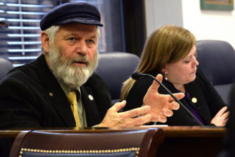 Rep. Paul Seaton, R-Homer, questions Fred Parady, acting Commissioner of the Department of Commerce, Community & Economic Development during a briefing in the House Resources committee on House Bill 105, March 9, 2015. (Photo by Skip Gray/360 North)
