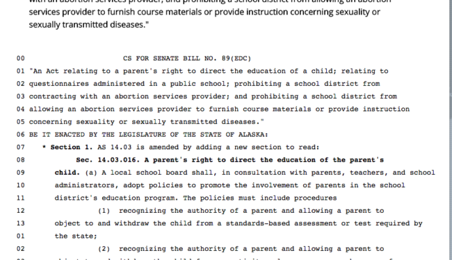 Senate Bill 89 would eliminate sanctions on parents removing their children from school if they object to standardized testing or programming related to sexual health. (Screenshot courtesy Zachariah Hughes/KSKA)