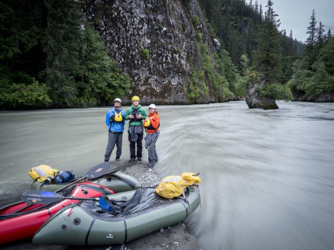 Rafters pose with their inflatable boats during a trip down the Unuk River. (Courtesy Ryan Peterson, Salmon Beyond Borders)