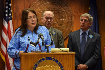 President Julie Kitka of the Alaska Federation of Natives at a press conference called by Gov. Bill Walker, April 16, 2015. (Photo by Skip Gray/360)
